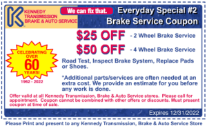 Brake service coupon. $25 off 2 wheel service or $50 off 4 wheel service
