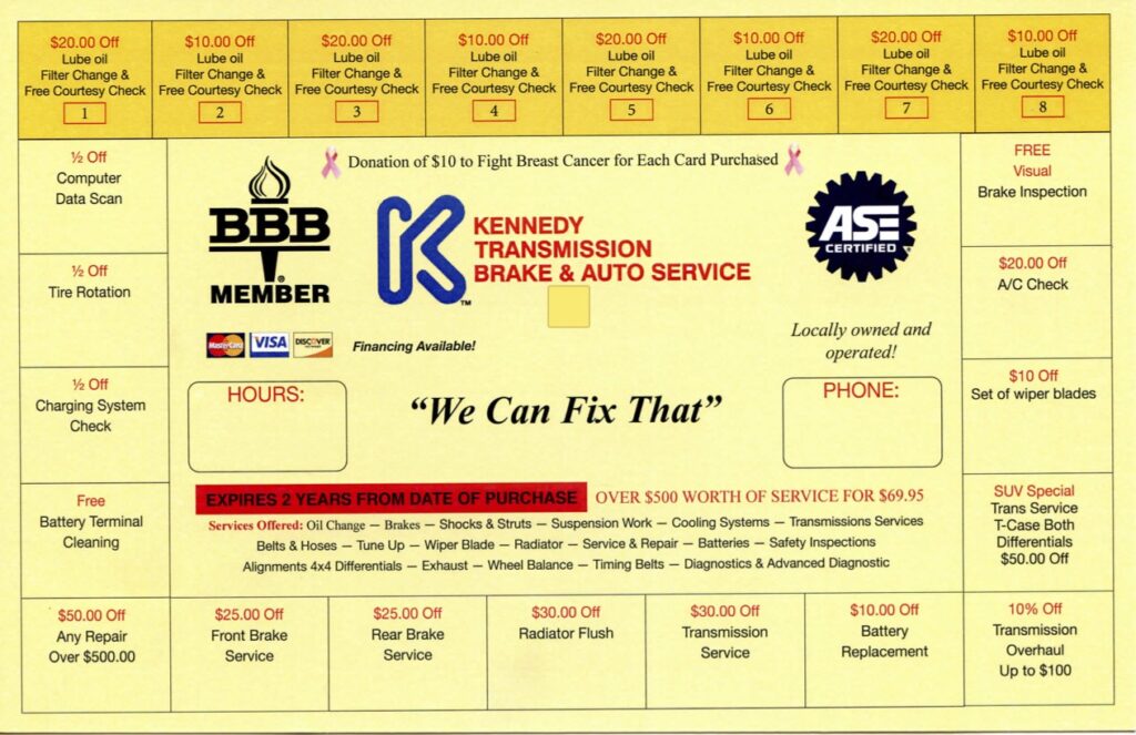Kennedy Card - Coupon punch card for vehicle repairs and services.